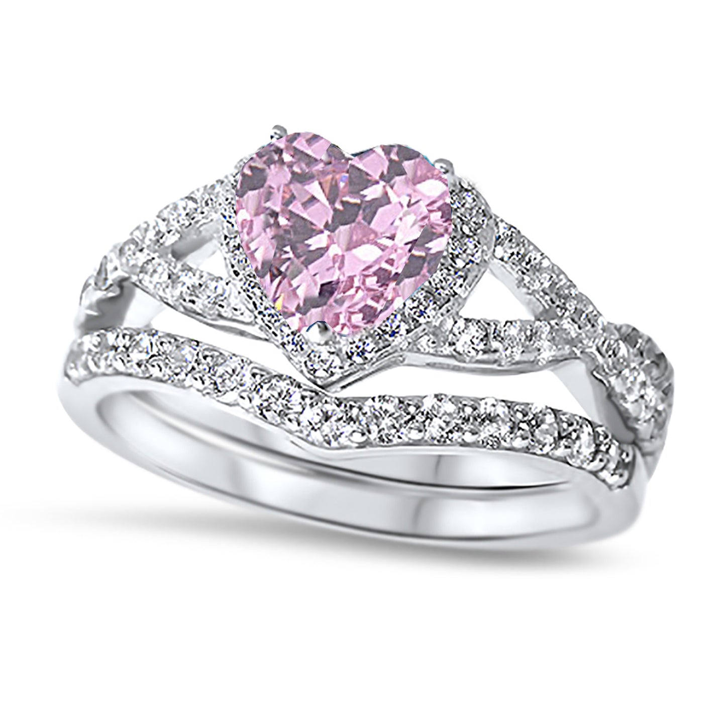 1 Carat Halo Heart Cut Pink CZ Wedding Ring Set in Sterling Silver
