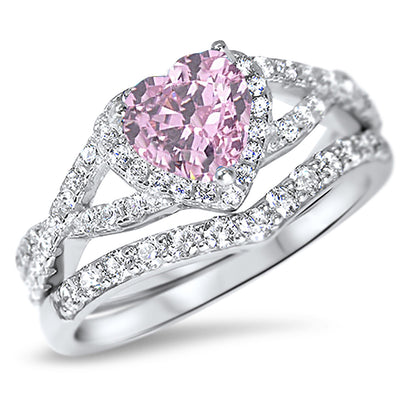 1 Carat Halo Heart Cut Pink CZ Wedding Ring Set in Sterling Silver