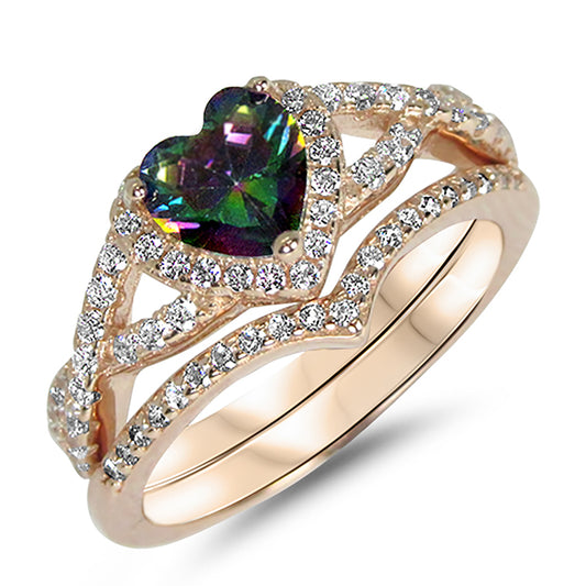 1 Carat Halo Heart Cut Black Rainbow CZ Wedding Ring Set in Sterling Silver