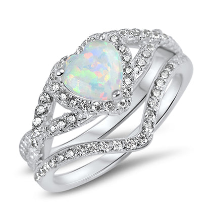 1 Carat Heart Cut Halo Set Lab Opal Sterling Silver Wedding Ring Set