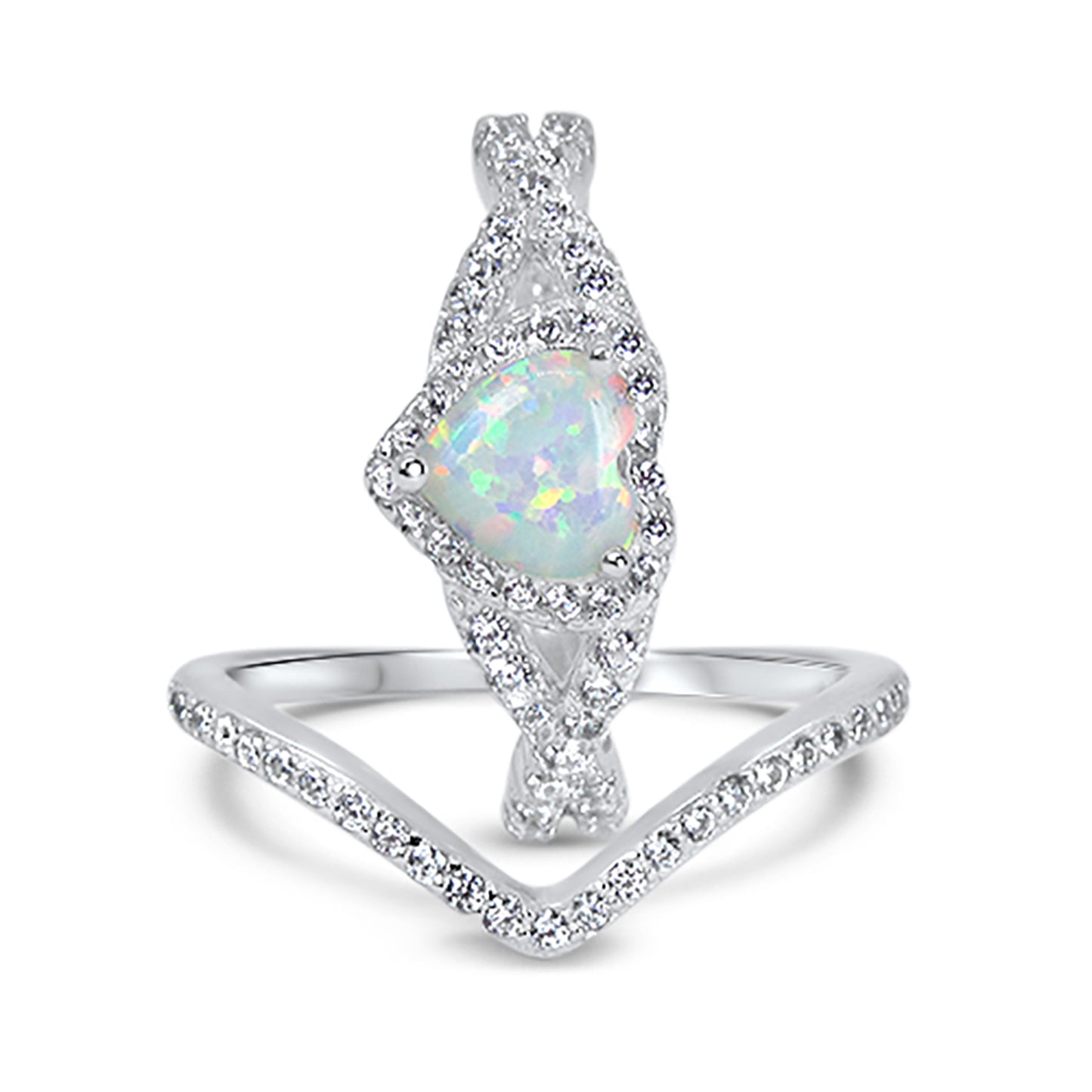1 Carat Heart Cut Halo Set Lab Opal Sterling Silver Wedding Ring Set