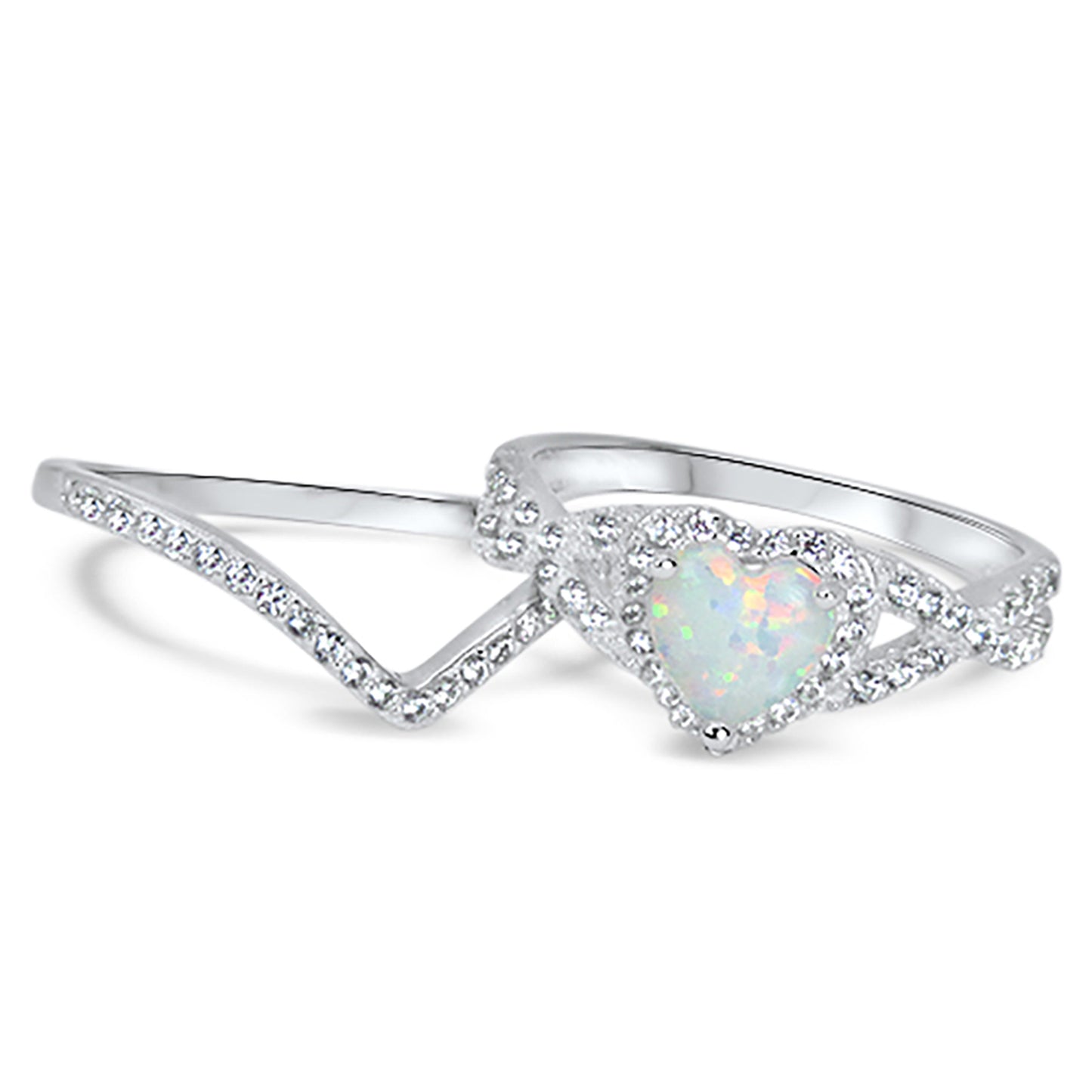 1 Carat Heart Cut Halo Set Lab Opal Sterling Silver Wedding Ring Set