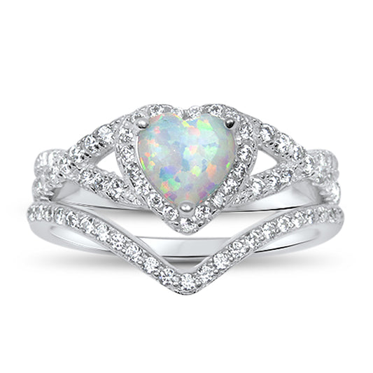 1 Carat Heart Cut Halo Set Lab Opal Sterling Silver Wedding Ring Set