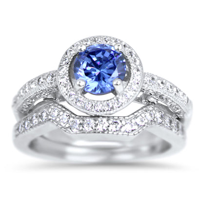 Halo Setting Round Brilliant Purple CZ Sterling Silver Wedding Engagement Ring Set