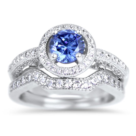 Halo Setting Round Brilliant Purple CZ Sterling Silver Wedding Engagement Ring Set