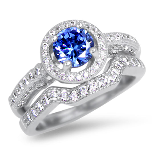 Halo Setting Round Brilliant Purple CZ Sterling Silver Wedding Engagement Ring Set