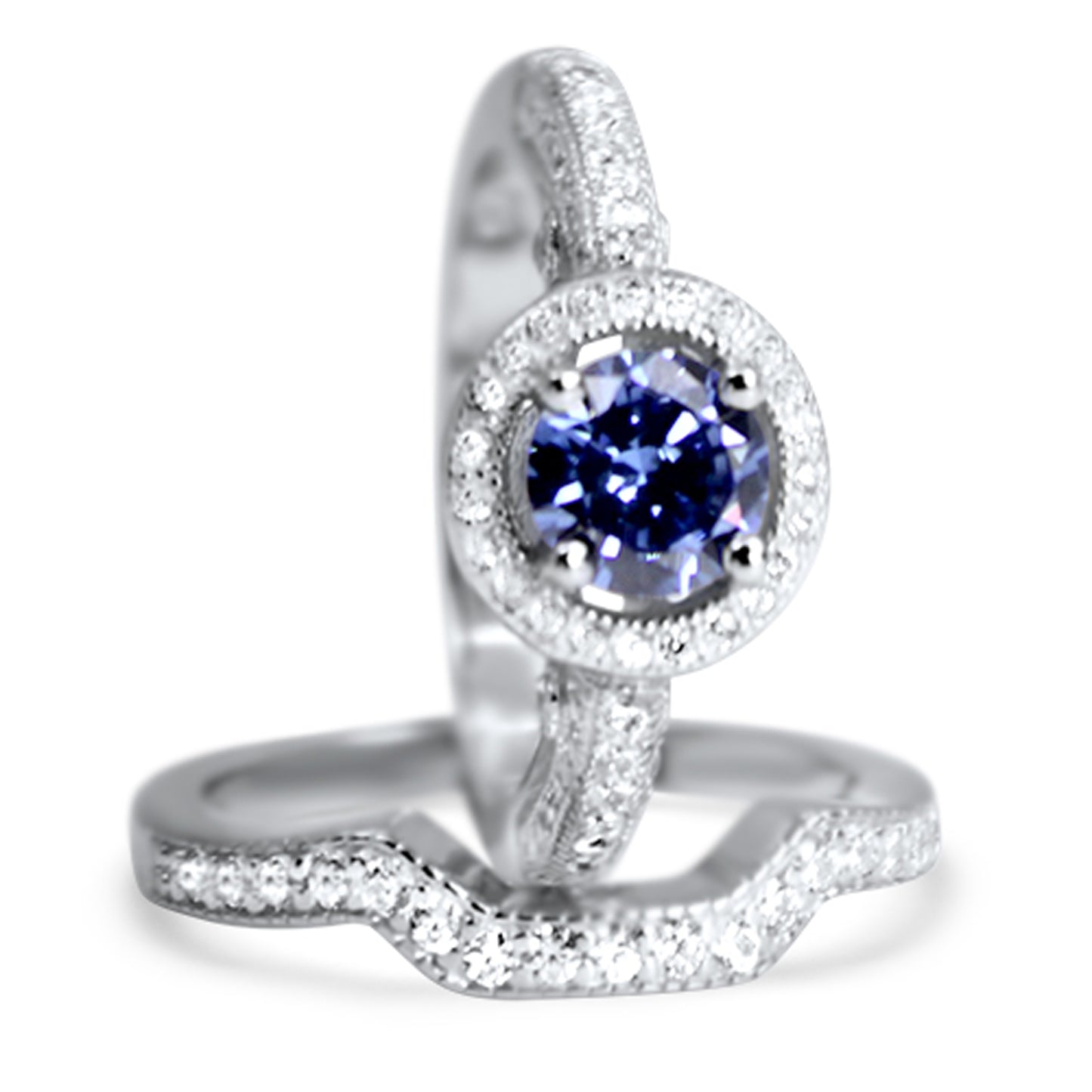 Halo Setting Round Brilliant Purple CZ Sterling Silver Wedding Engagement Ring Set