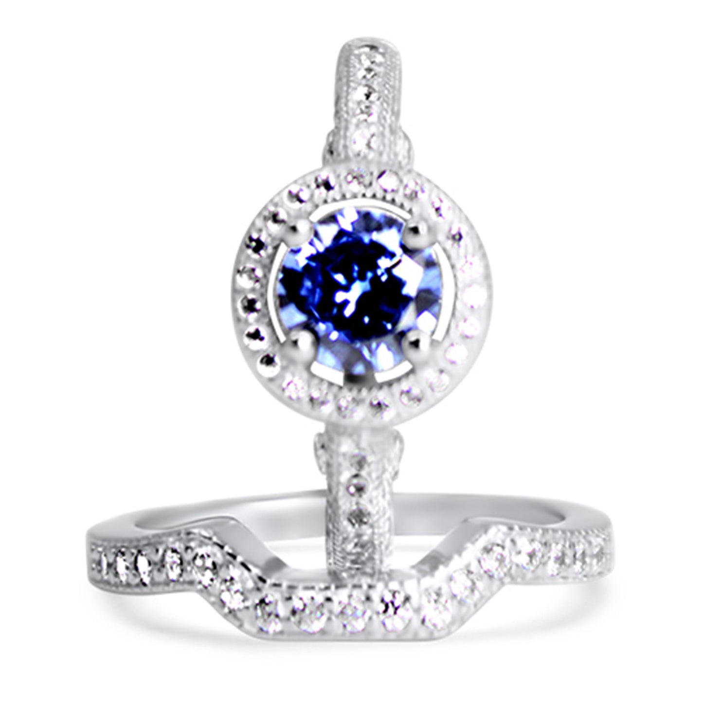 Halo Setting Round Brilliant Purple CZ Sterling Silver Wedding Engagement Ring Set