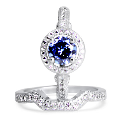 Halo Setting Round Brilliant Purple CZ Sterling Silver Wedding Engagement Ring Set