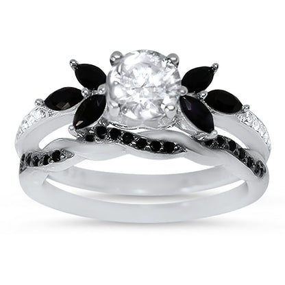 1 Carat CZ Sterling Silver Black White Unique Wedding Ring Set