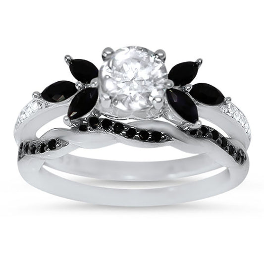 1 Carat CZ Sterling Silver Black White Unique Wedding Ring Set