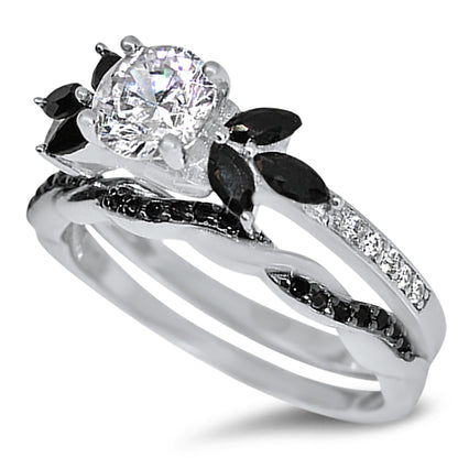 1 Carat CZ Sterling Silver Black White Unique Wedding Ring Set