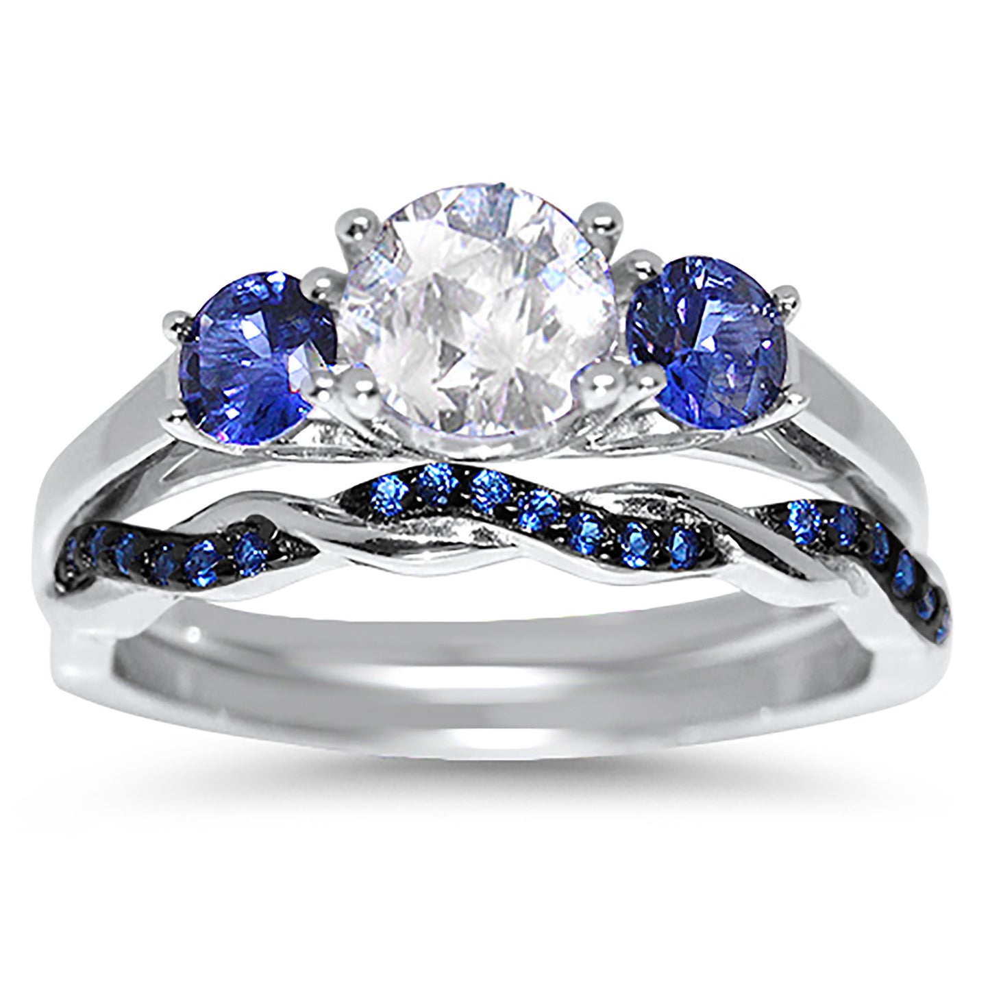 3 Stone Simulated Sapphire and CZ Sterling Silver Boston Setting Wedding Ring Set