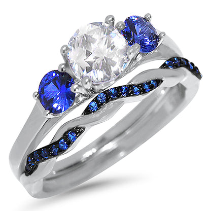 3 Stone Simulated Sapphire and CZ Sterling Silver Boston Setting Wedding Ring Set