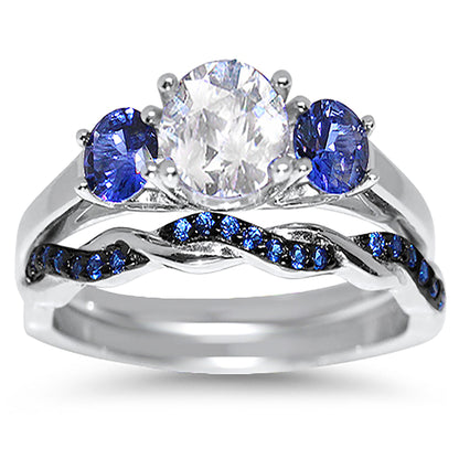3 Stone Simulated Sapphire and CZ Sterling Silver Boston Setting Wedding Ring Set
