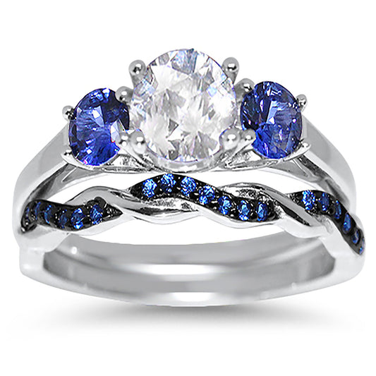 3 Stone Simulated Sapphire and CZ Sterling Silver Boston Setting Wedding Ring Set