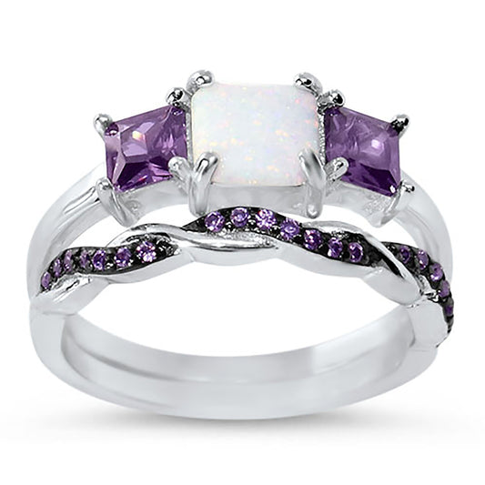 1.5 Carat Lab Created Opal and Purple CZ Silver Wedding Ring Set