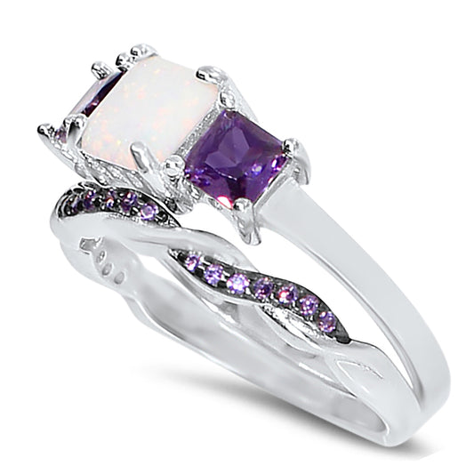 1.5 Carat Lab Created Opal and Purple CZ Silver Wedding Ring Set