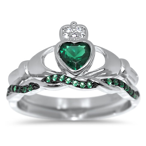 1 Carat Green Heart Cut CZ Claddagh Setting Wedding Ring Set