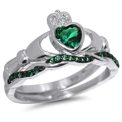 1 Carat Green Heart Cut CZ Claddagh Setting Wedding Ring Set