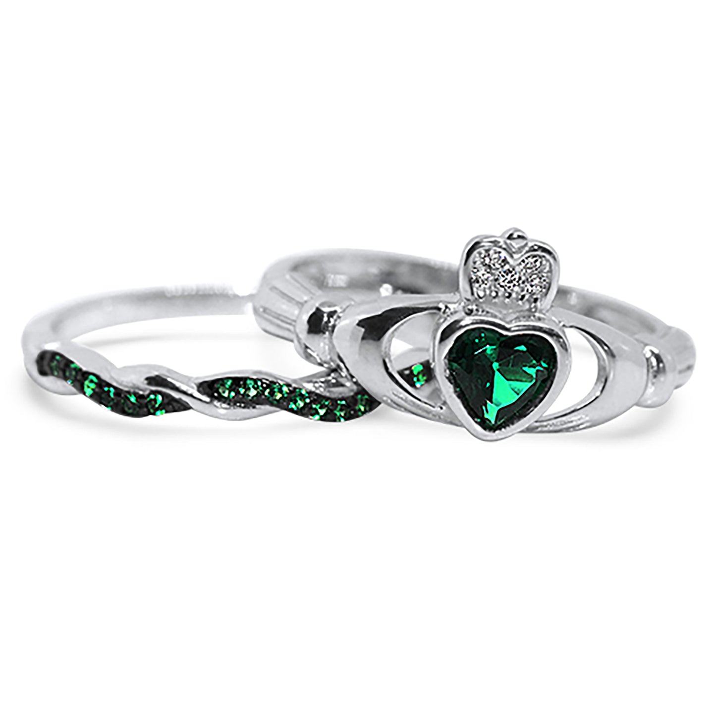 1 Carat Green Heart Cut CZ Claddagh Setting Wedding Ring Set