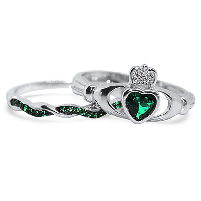 1 Carat Green Heart Cut CZ Claddagh Setting Wedding Ring Set