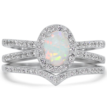 1 Carat Lab Created White Opal and CZ Silver Wedding Engagement Ring Set