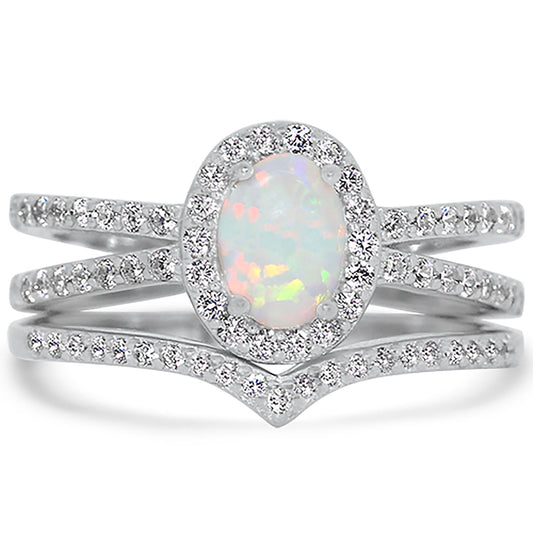 1 Carat Lab Created White Opal and CZ Silver Wedding Engagement Ring Set