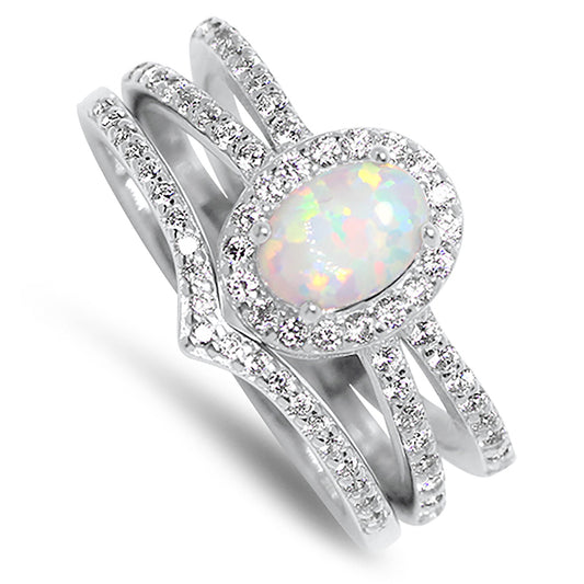 1 Carat Lab Created White Opal and CZ Silver Wedding Engagement Ring Set