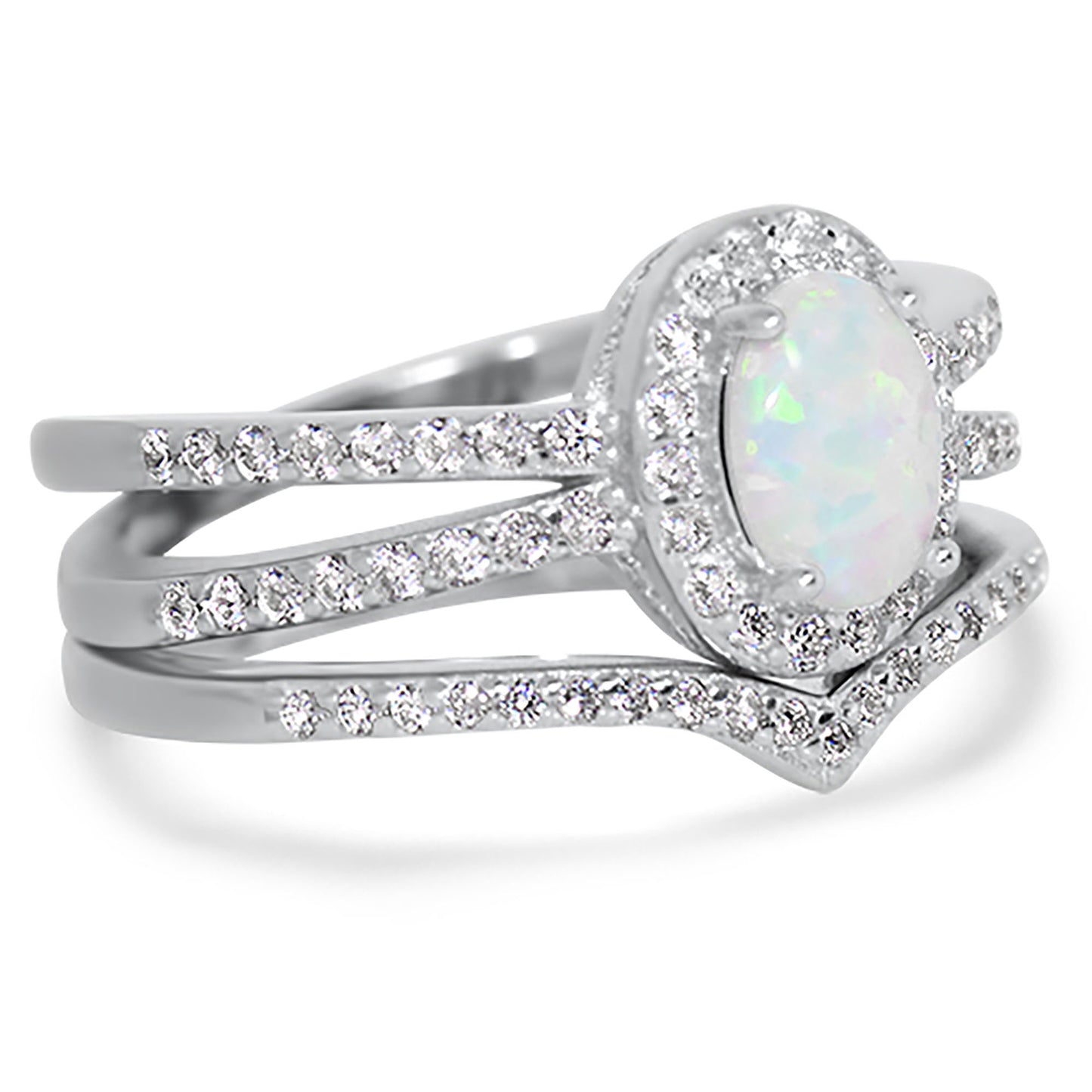 1 Carat Lab Created White Opal and CZ Silver Wedding Engagement Ring Set
