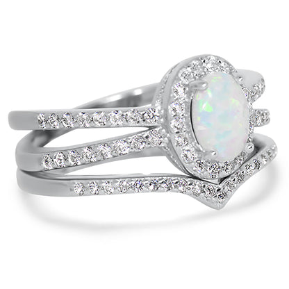 1 Carat Lab Created White Opal and CZ Silver Wedding Engagement Ring Set