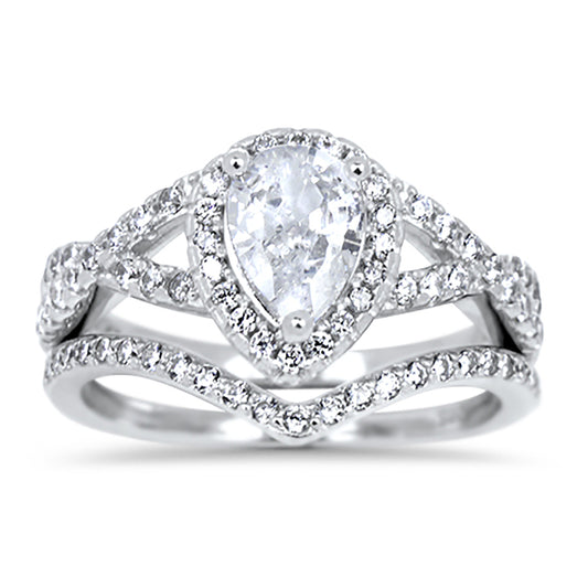1 Carat Pear Cut CZ Vintage Design Silver Wedding Engagement Ring Set