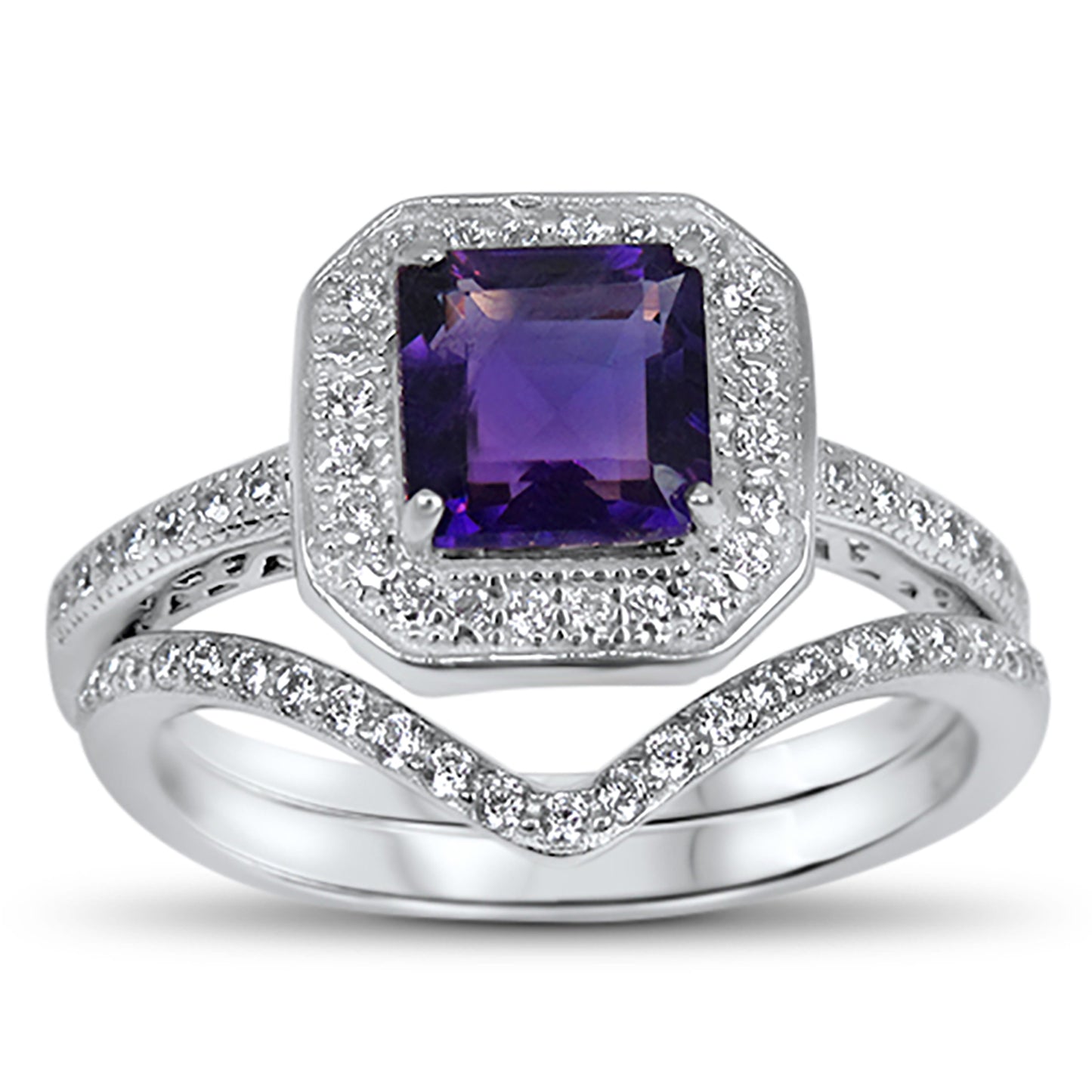 1 Carat Princess Cut Genuine Amethyst and CZ Silver Wedding Engagement Ring Set