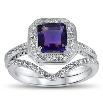 1 Carat Princess Cut Genuine Amethyst and CZ Silver Wedding Engagement Ring Set