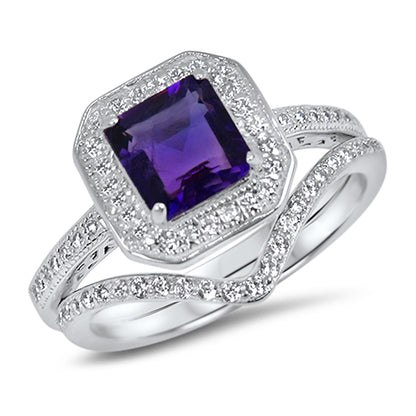 1 Carat Princess Cut Genuine Amethyst and CZ Silver Wedding Engagement Ring Set