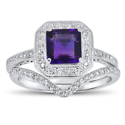 1 Carat Princess Cut Genuine Amethyst and CZ Silver Wedding Engagement Ring Set