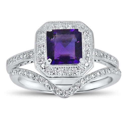 1 Carat Princess Cut Genuine Amethyst and CZ Silver Wedding Engagement Ring Set