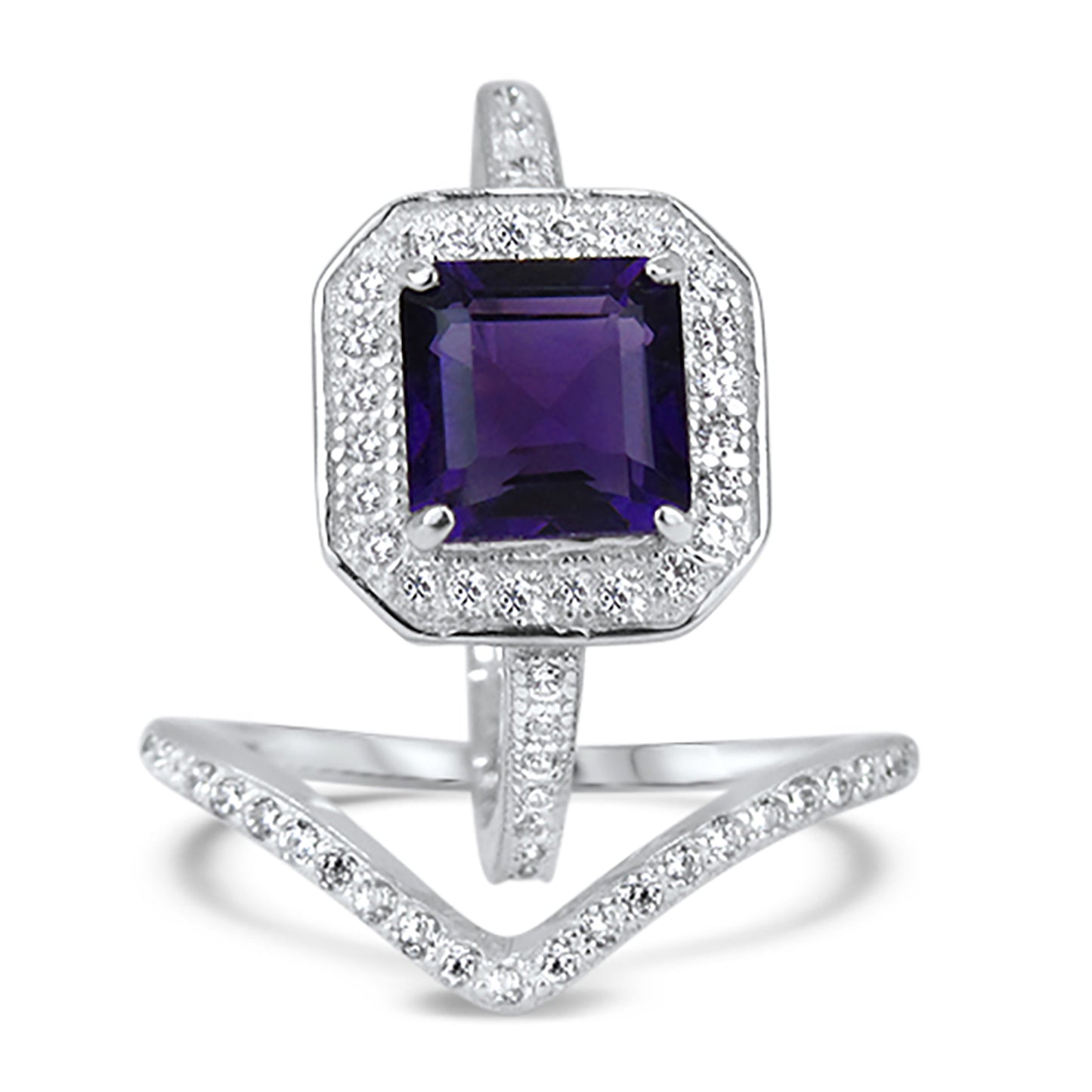 1 Carat Princess Cut Genuine Amethyst and CZ Silver Wedding Engagement Ring Set