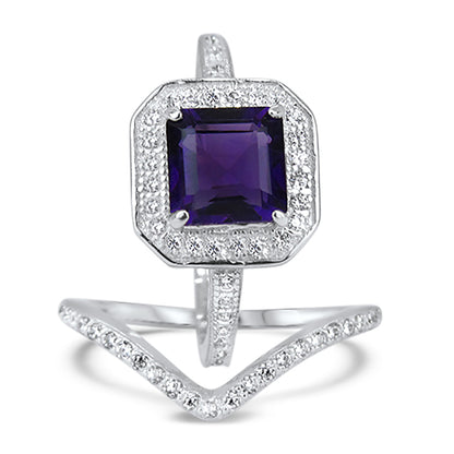 1 Carat Princess Cut Genuine Amethyst and CZ Silver Wedding Engagement Ring Set