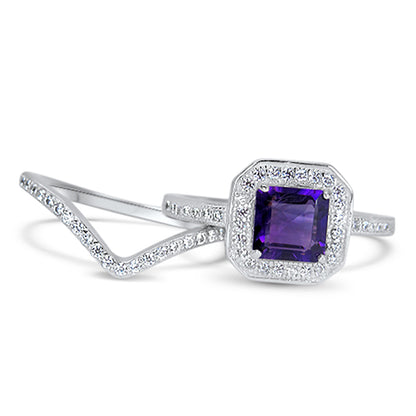 1 Carat Princess Cut Genuine Amethyst and CZ Silver Wedding Engagement Ring Set