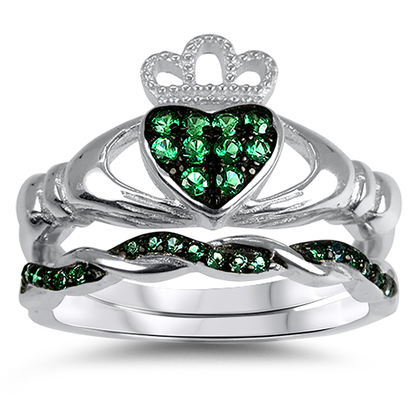 Green Emerald Color Cubic Zirconia Sterling Silver Claddagh Wedding Set