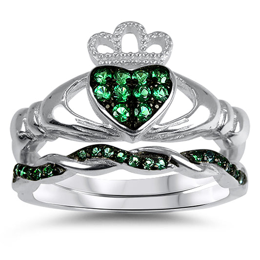 Green Emerald Color Cubic Zirconia Sterling Silver Claddagh Wedding Set