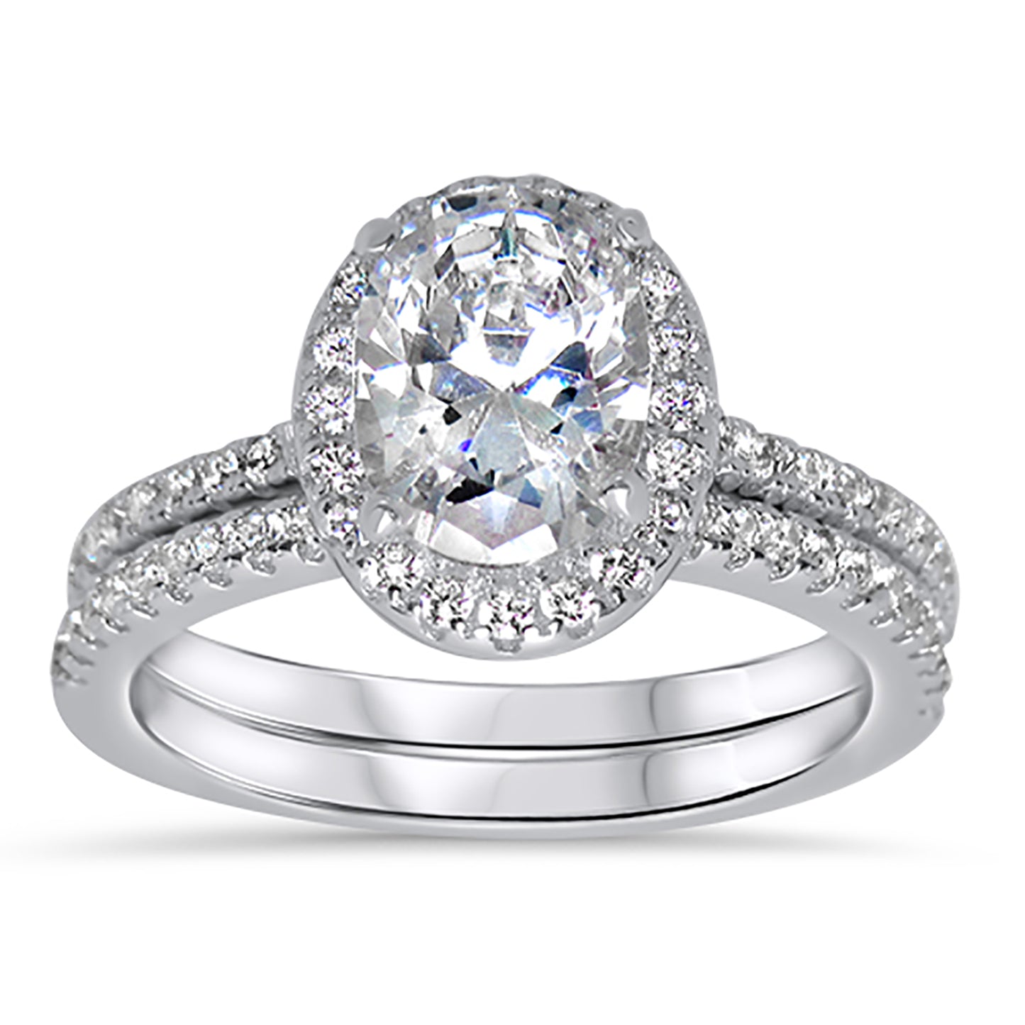 Classic 1 Carat Oval Cut Halo Set Sterling Silver Wedding Engagement Ring Set