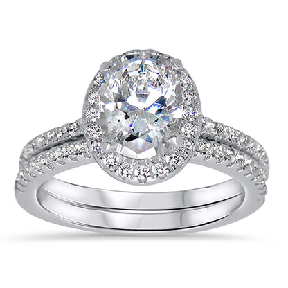 Classic 1 Carat Oval Cut Halo Set Sterling Silver Wedding Engagement Ring Set