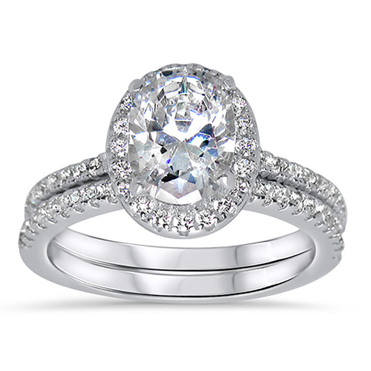 Classic 1 Carat Oval Cut Halo Set Sterling Silver Wedding Engagement Ring Set
