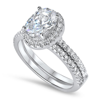 Classic 1 Carat Oval Cut Halo Set Sterling Silver Wedding Engagement Ring Set