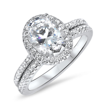 Classic 1 Carat Oval Cut Halo Set Sterling Silver Wedding Engagement Ring Set
