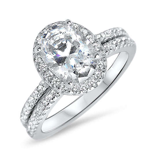 Classic 1 Carat Oval Cut Halo Set Sterling Silver Wedding Engagement Ring Set