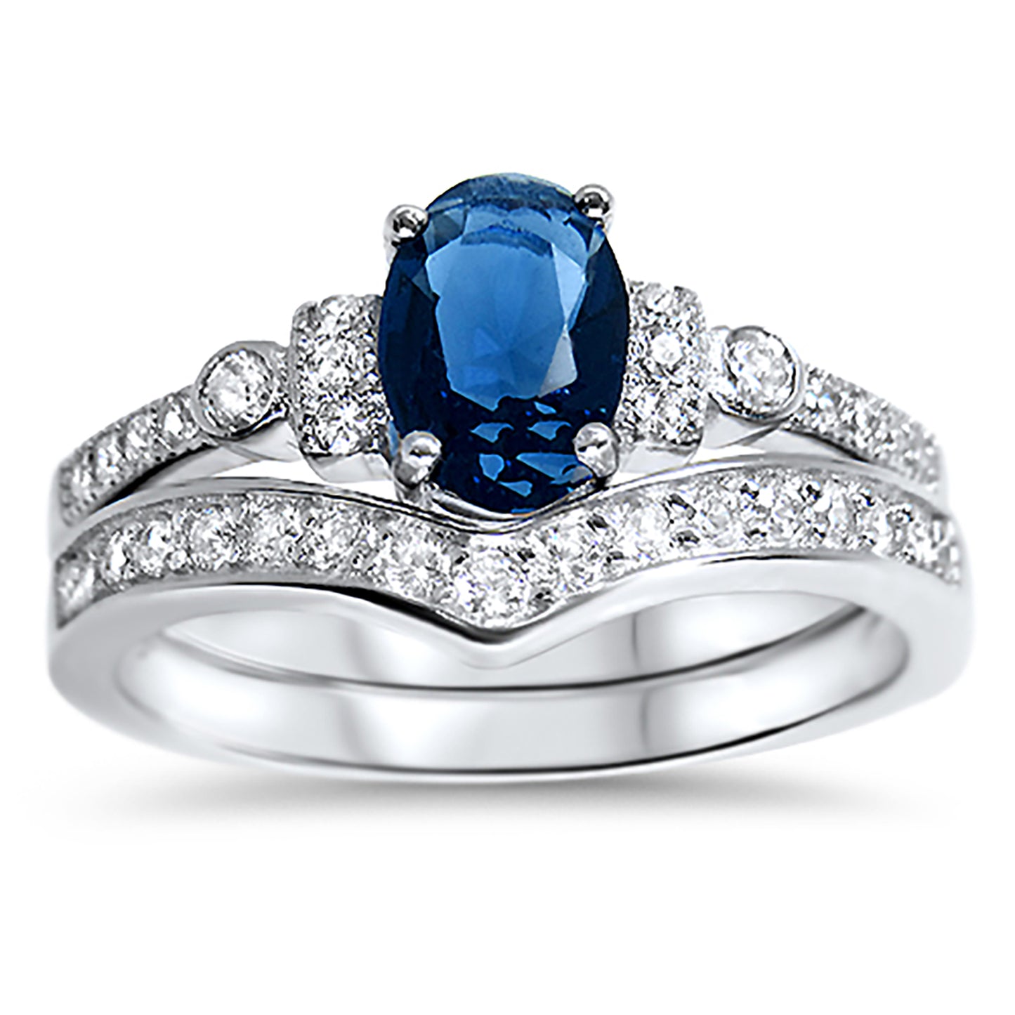 3/4 Carat Oval Simulated Blue Simulated Sapphire Wedding Engagement Ring Set for Women