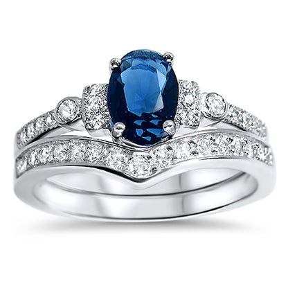 3/4 Carat Oval Simulated Blue Simulated Sapphire Wedding Engagement Ring Set for Women